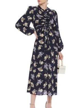 Zimmermann Sabotage Navy Floral Ruched Stretch-Silk Midi Dress